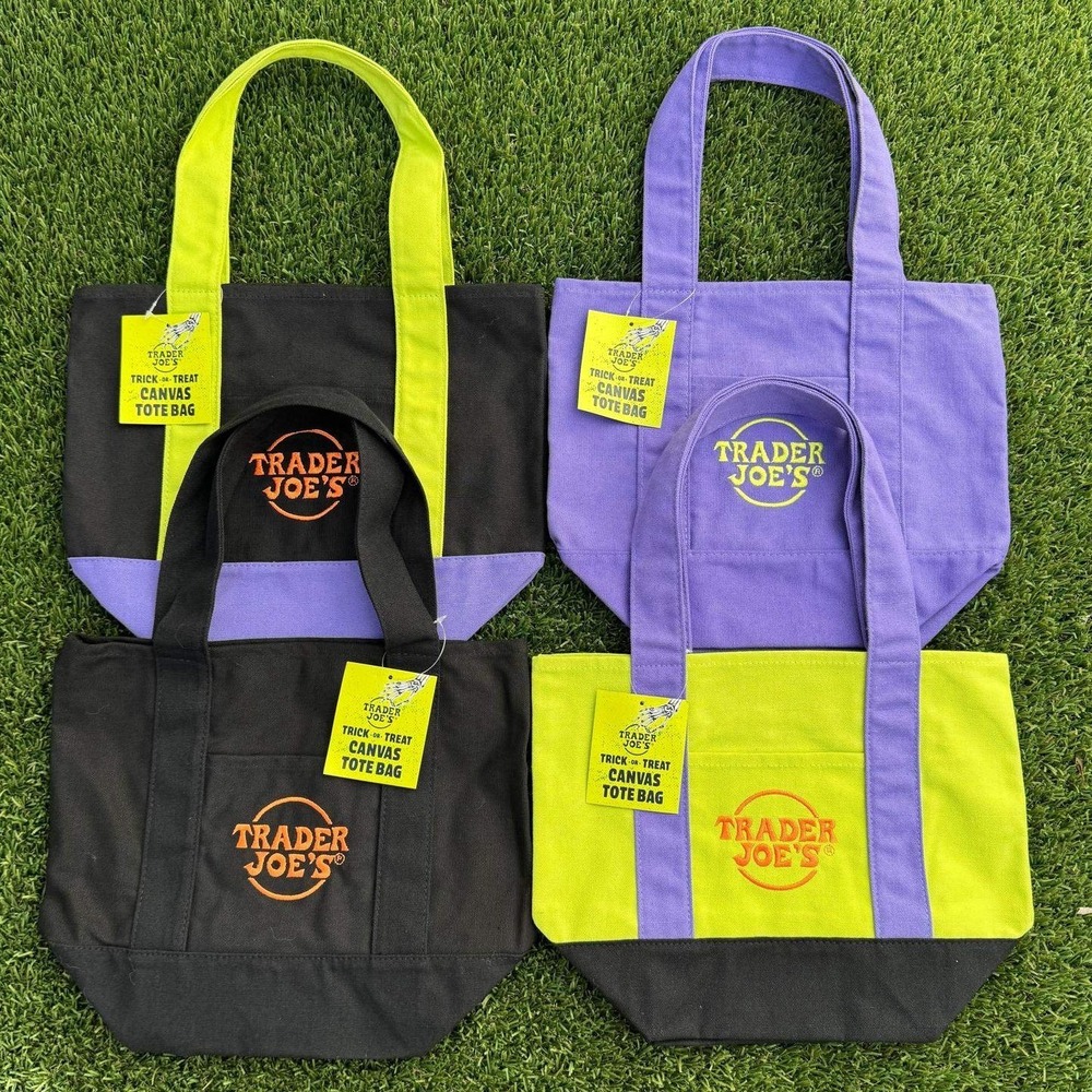Trader Joes Trick or Treat Canvas Tote Bag Lot 4 OS Halloween Mini Purple Black